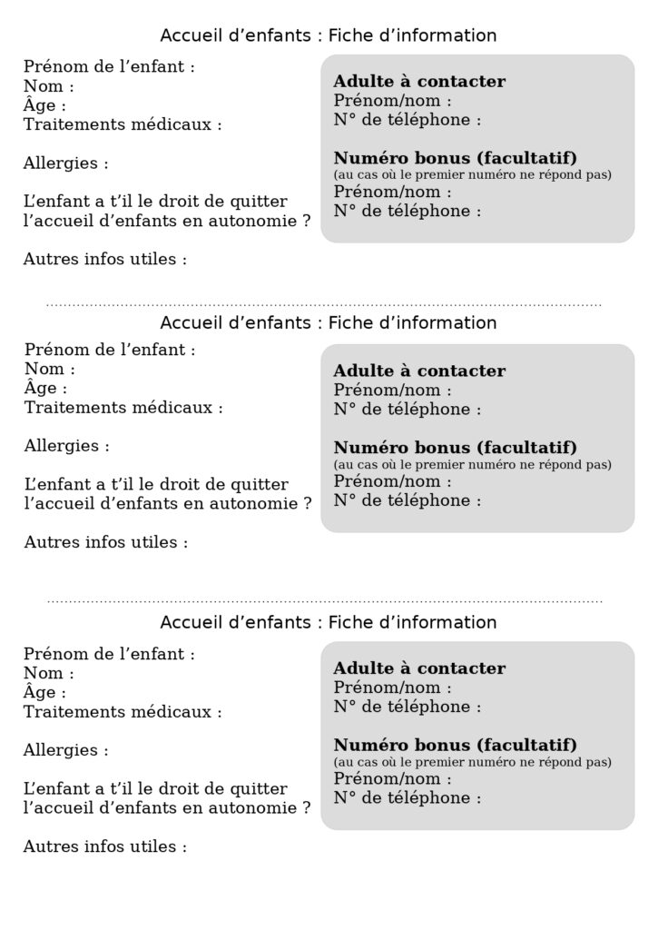 Exemple de fiche d'inscription d'enfants à la Bulle